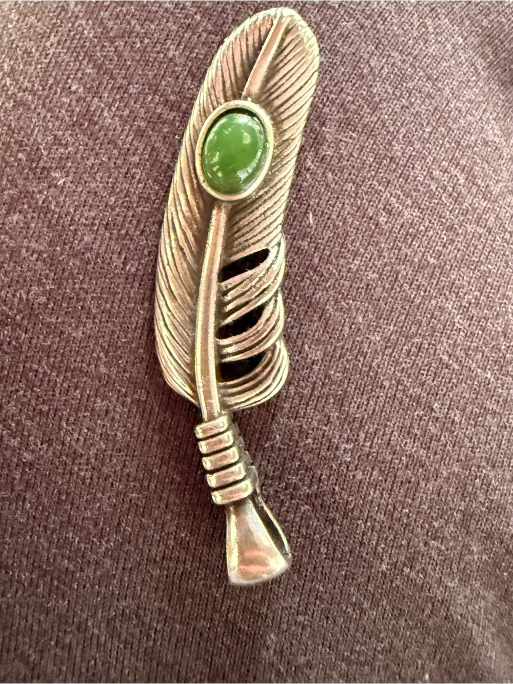 Silver Feather Pendant with Jade Stone